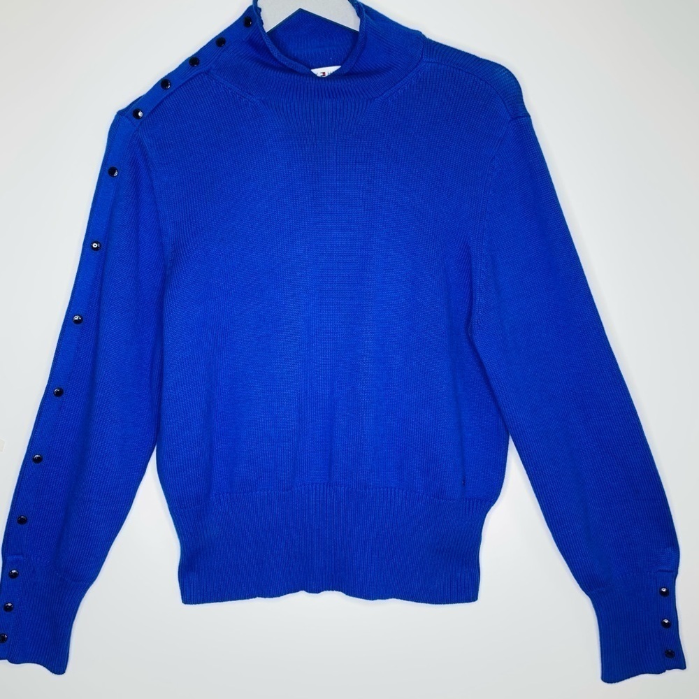 Y2K Tommy Hilfiger Cotton Snap Up Sleeve Turtle Neck Sweater Size XL Royal Blue